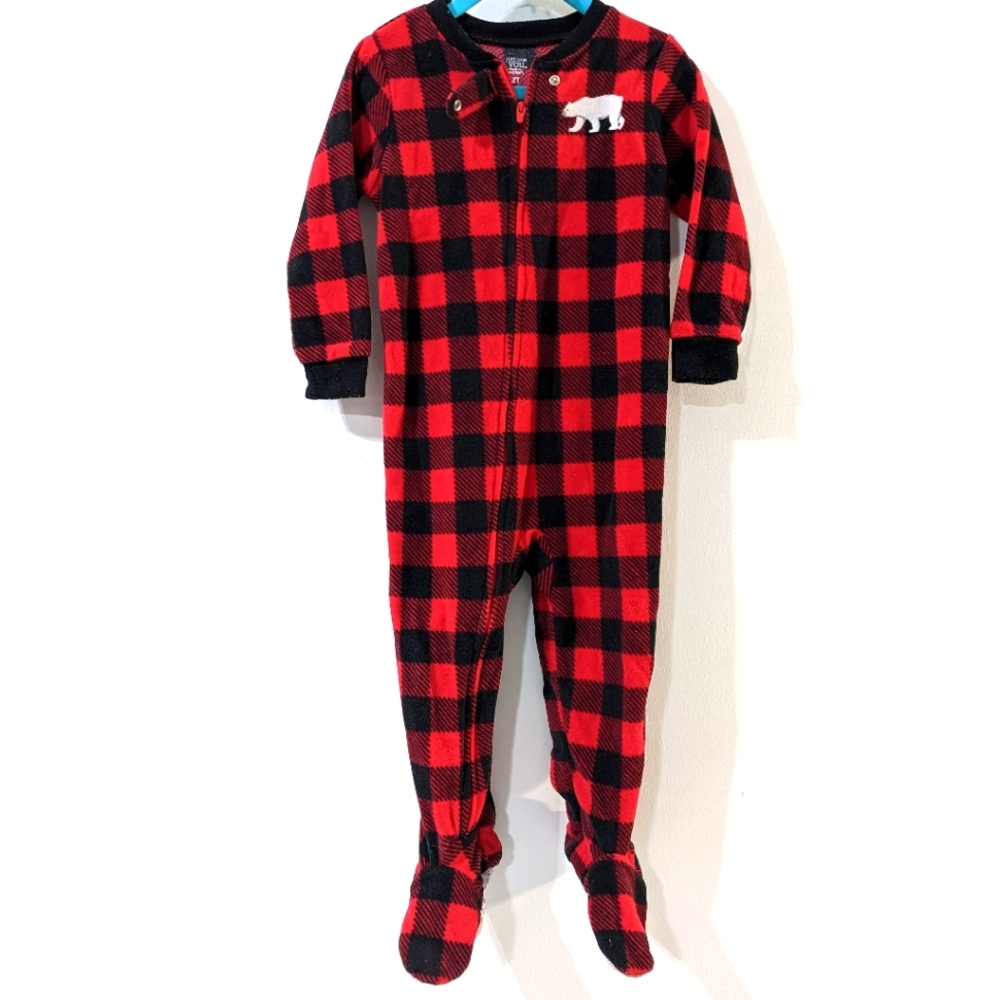 ❤️ CARTERS Footed Pajamas Red Plaid Moose Fleece Size 2T